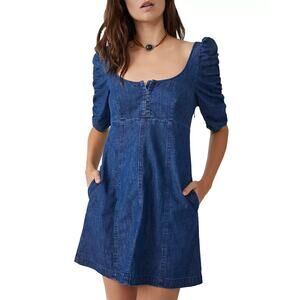 Free People Womens Cheyenne Denim Mini Dress Size Small Ruched Sleeve Milkmaid